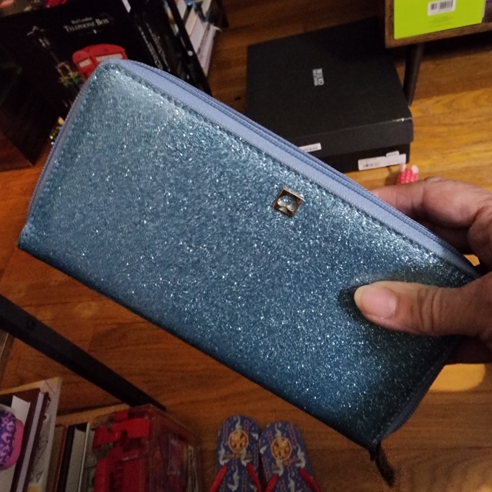 Kate Spade Light Blue Sparkly Wallet & Cosmetic Pouch